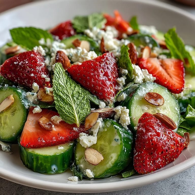 Crisp cucumber slices, juicy strawberries, and fragrant mint tossed in a zesty lemon-honey dressing for a vibrant spring salad.