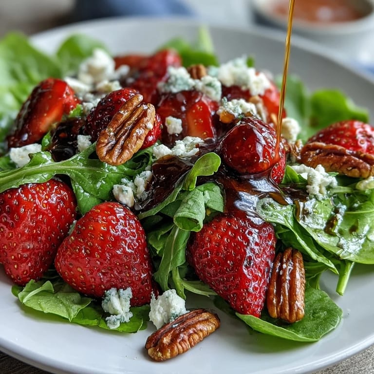 Vibrant arugula and strawberry salad topped with creamy goat cheese, toasted nuts, and tangy balsamic glaze.  