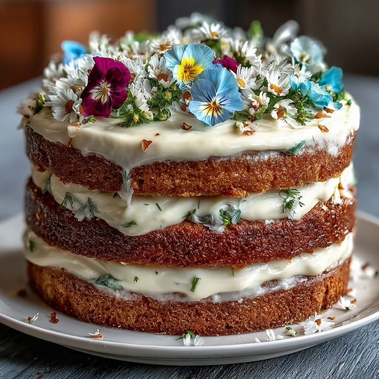 Naked spring cake adorned with edible flowers and creamy lemon curd, perfect for a bright and beautiful celebration centerpiece.