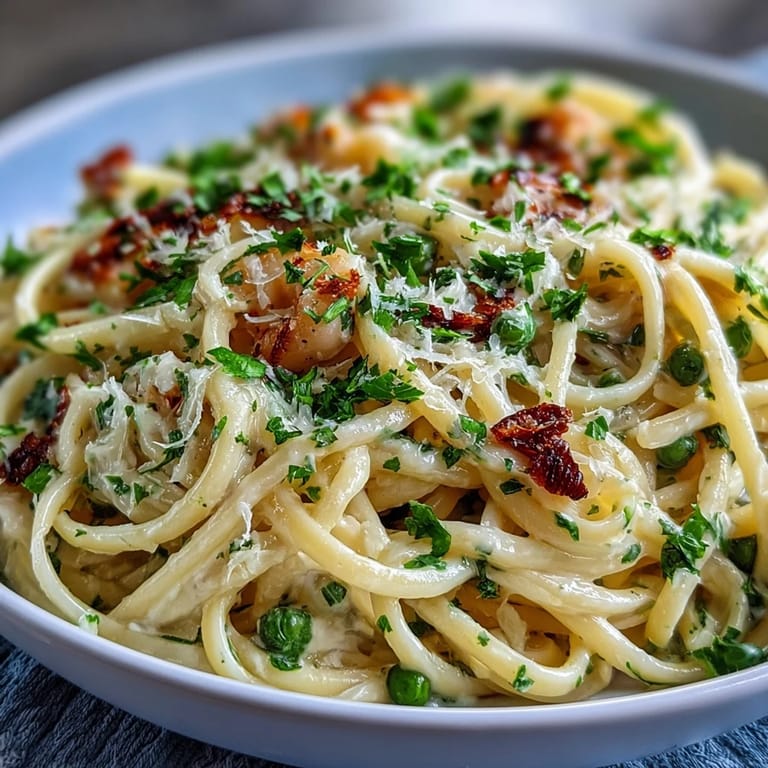 A bowl of lemon butter pasta with peas, parsley, and grated parmesan on top.