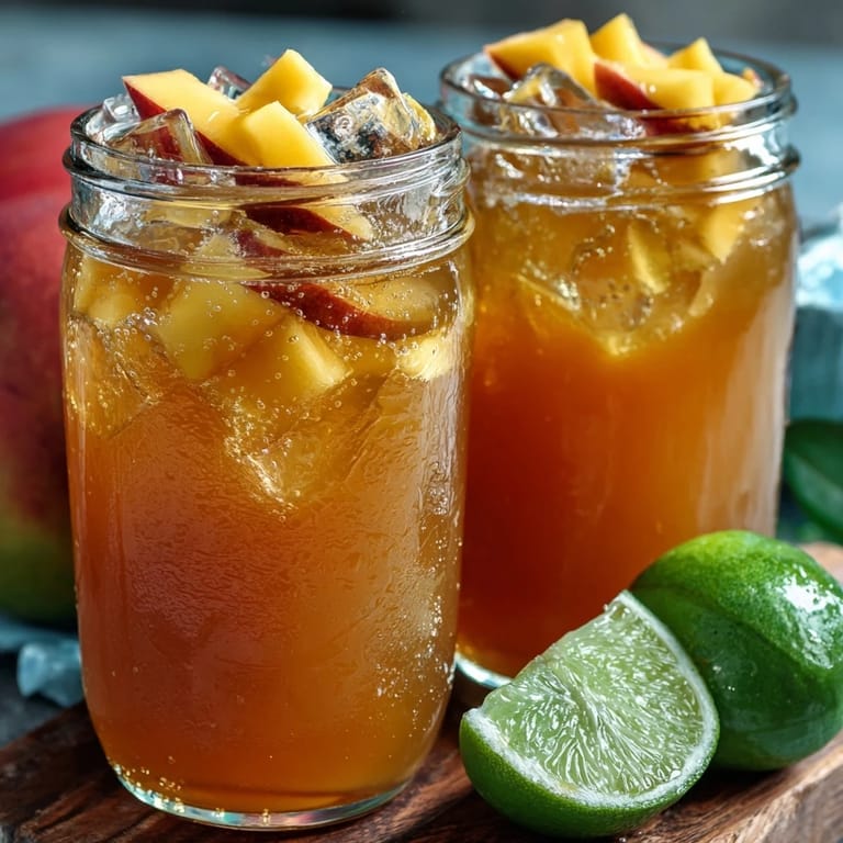 Chilled glass pitcher filled with colorful mango peach sangria, garnished with mint and fresh fruit slices.