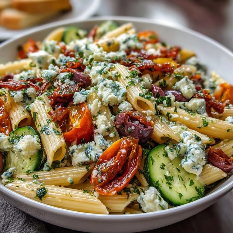 Colorful Greek pasta salad with Kalamata olives, crumbled feta, and crisp veggies, perfect for picnics or light lunches.