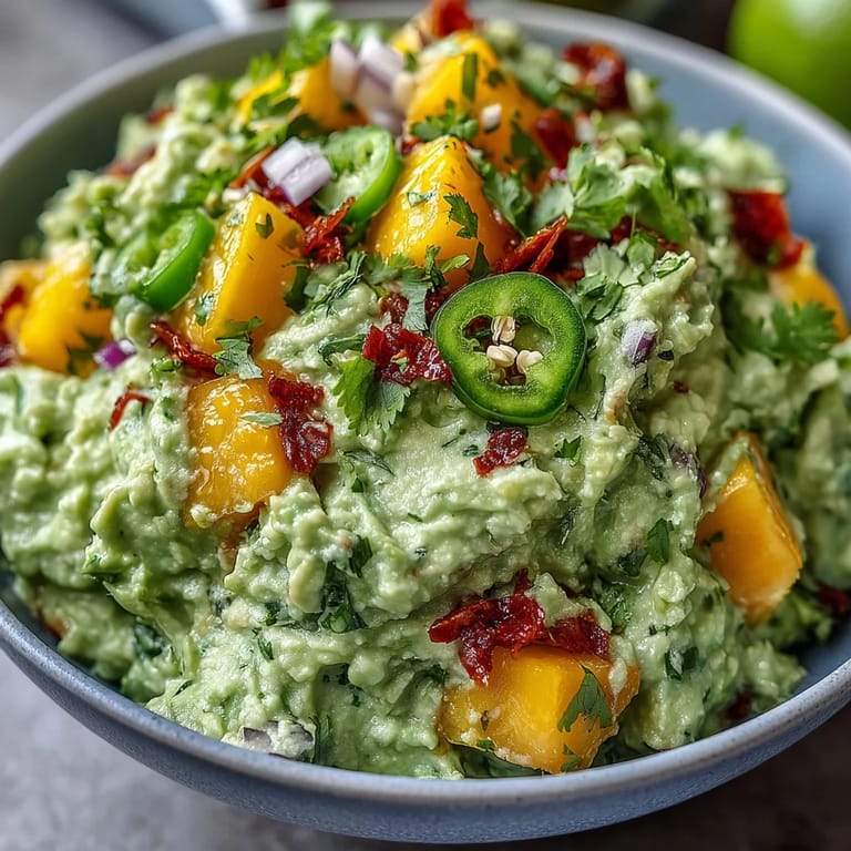 Creamy avocado dip with sweet mango and spicy jalapeño, served with crispy tortilla chips.