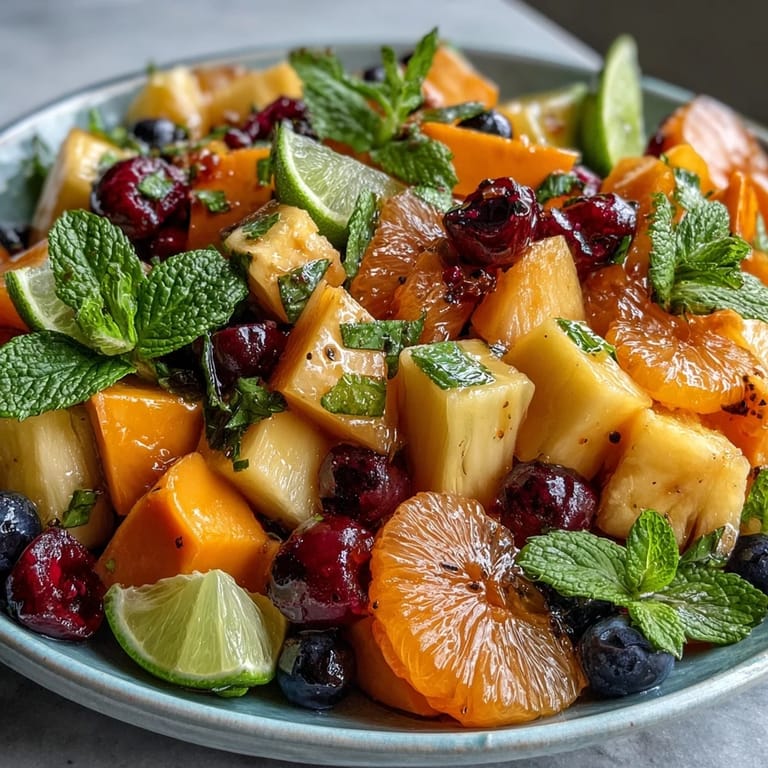 Refreshing tropical mango and pineapple display featuring dragon fruit, kiwi, and berries, garnished with mint and lime for a festive centerpiece.