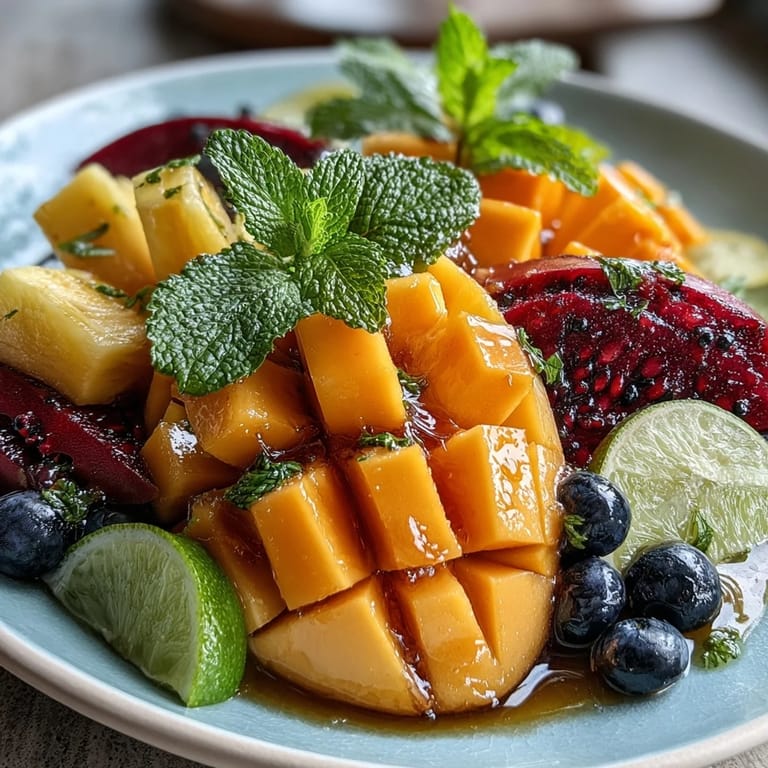 Eye-catching tropical fruit arrangement with sliced mango, pineapple spears, and berries, ideal for gatherings or healthy party snacks.