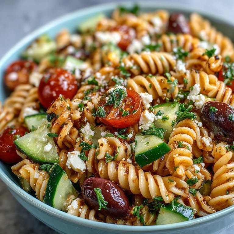 Vibrant pasta salad with cherry tomatoes, cucumber, and mozzarella, drizzled in Italian dressing—perfect for sunny picnics and light lunches.