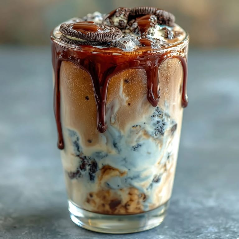 A creamy cookies-and-cream cold brew coffee drink with chocolate syrup drizzle, blended with vanilla and half-and-half for a rich flavor.