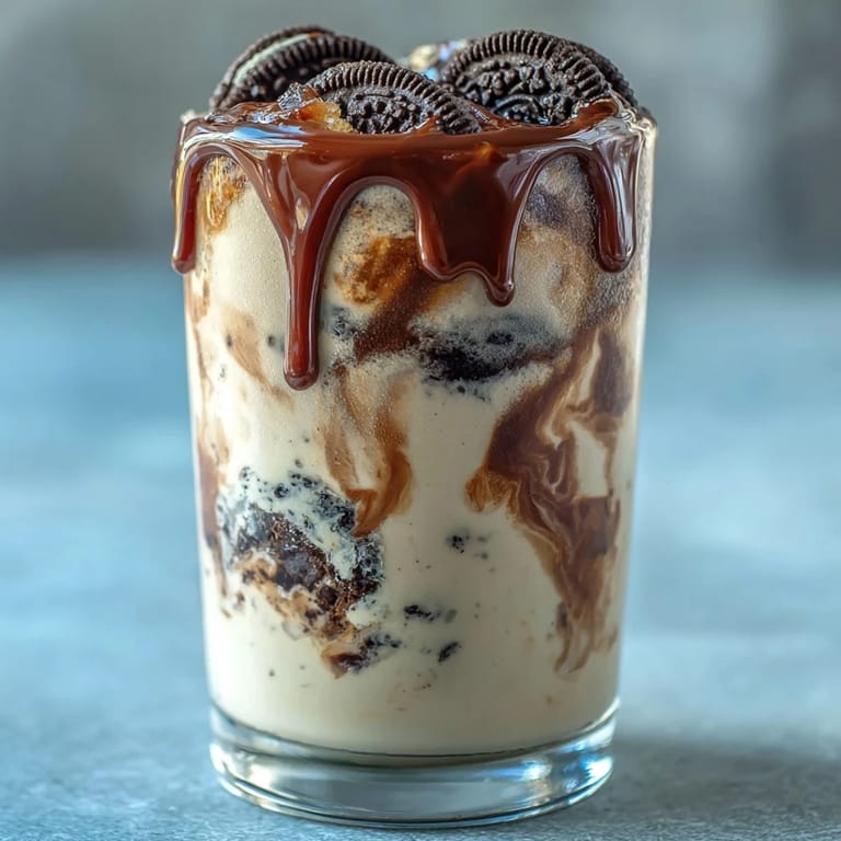 Two glasses of cookies-and-cream cold brew coffee with marbled cream, garnished with whipped cream and crushed chocolate sandwich cookies.