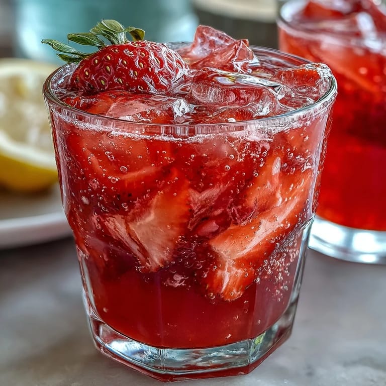 Refreshing Pink Starburst Refresher in a tall glass, bursting with strawberry acai juice and lemonade, garnished with sliced berries.