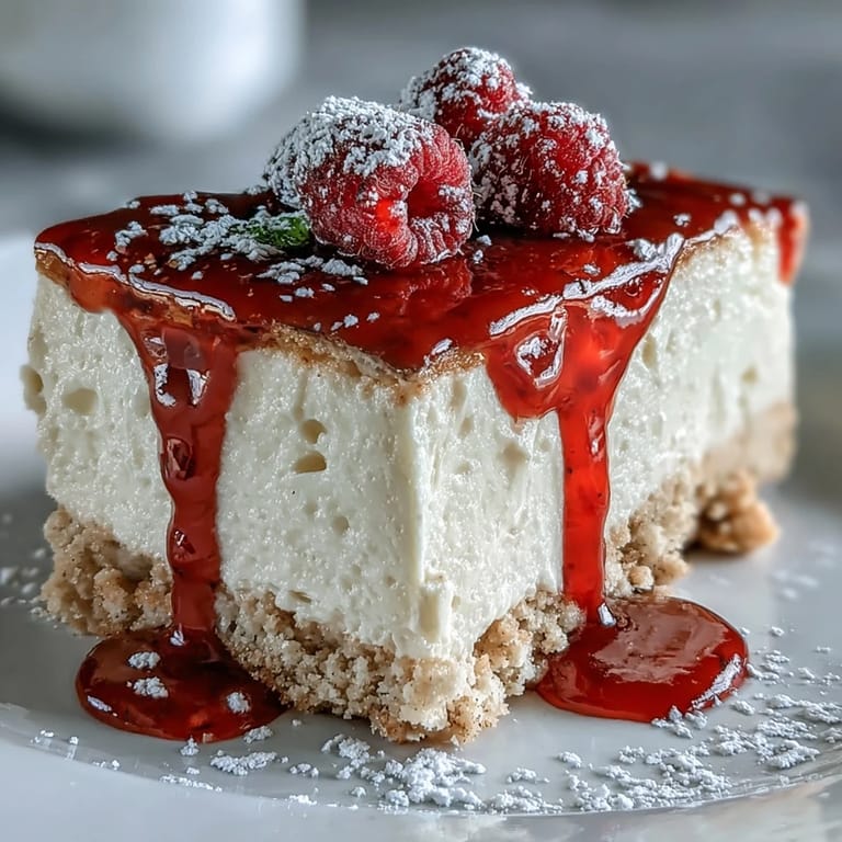 Luscious no-bake cheesecake with a buttery crust and vibrant raspberry topping.