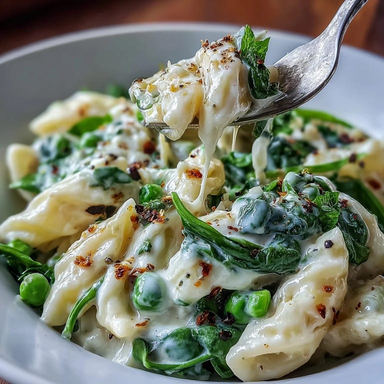 Bright One-Pot Lemon Ricotta Pasta featuring tender peas and wilted spinach.
