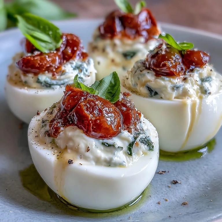 Creamy Caprese Deviled Eggs garnished with fresh basil and diced tomatoes.