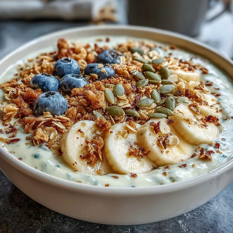 Vibrant high fiber smoothie bowl, psyllium and banana base, boasting granola and seed toppings.