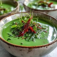 Creamy vegan Spinach Coriander Lemongrass Soup with vibrant green color and sliced chili garnish served in a rustic bowl.