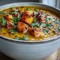 A close-up view of a bowl of Butternut Squash and Lentil Soup, garnished with fresh cilantro and a lemon wedge.