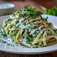 Freshly tossed linguine with arugula pesto served in a white bowl, garnished with extra greens and grated Parmesan.