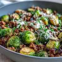 Golden-brown Brussels sprouts and savory ground turkey sizzle in a skillet, topped with fresh parsley and Parmesan.