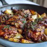 Herb-marinated chicken thighs roast alongside sweet potatoes, parsnips, and carrots for a colorful, one-pan dinner bursting with flavor.