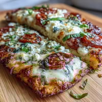 Golden cottage cheese flatbread pizza with melted mozzarella, fresh basil, and vibrant cherry tomatoes, perfect for a healthy high-protein dinner.