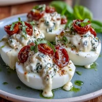 Caprese Deviled Eggs topped with basil oil, tomatoes, and mozzarella.