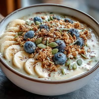 Creamy high fiber smoothie bowl with psyllium and banana, topped with fresh fruit.