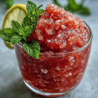 Frozen Watermelon Lemonade Slushie: A frosty pink drink with mint garnish.